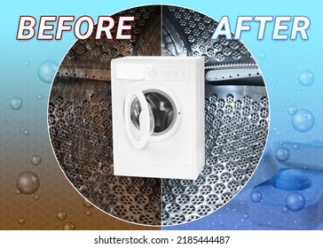 Drum Of Washing Machine Before And After Using Water Softener Tablet, Collage