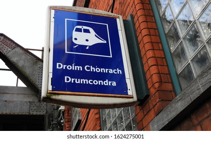 Drumcondra train station sign in English and Irish language in Dublin, Ireland. 