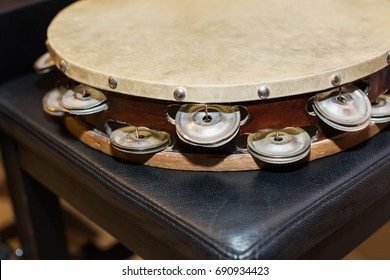 Drumhead Or Drum Skin, Percussion Instrument Concept - Beautiful Closeup On Orchestral Tambourine, Ensembles And Jazz Concerts Of Classical Music, Turkish Folk, Greek, Italian, Samba, Pop And Rock