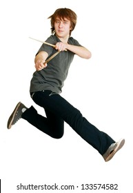 Drummer Man Jumping In The Air With Drumsticks Isolated