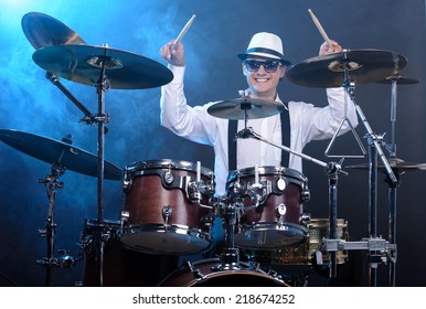 Drummer Man To Play The Drums. Smoke Background