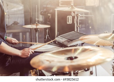 Drummer Playing Drums At Open Air Concert, Summer Music Festival