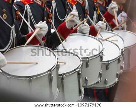 Drummers in a Marching Band. Cadet orchestra participate in parade.