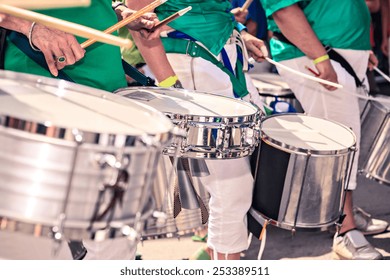 A Drums Band On The Street. Scenes Of Samba Parade.