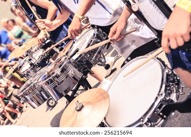 A Drums Band On The Street. Scenes Of Samba Parade.