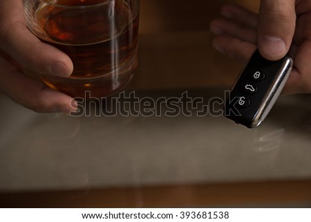 Drunk driving - the cause of car accidents. Drink driving. Male hands and keys.