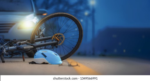 Drunk Driving Crashes , Accident Car Crash With Bicycle On Road At Night Time.