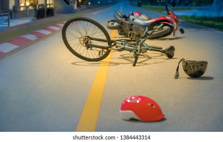 Drunk Driving Crashes , Accident Car Crash With Bicycle On Road At Night Time.