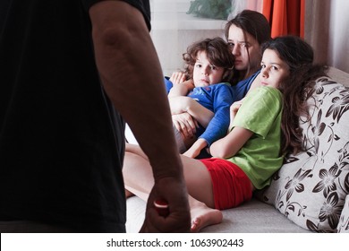 Drunk Father And Frightened Children Trying To Hide. Domestic Violence, Abused Child.