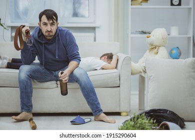 Drunk father punished her daughter. White background