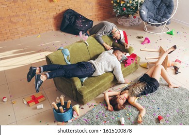 Drunk Friends After New Year Party At Home