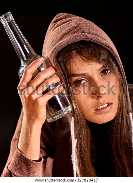 Drunk Girl Holding Bottle Alcohol Soccial Stock Photo (Edit Now) 329828417