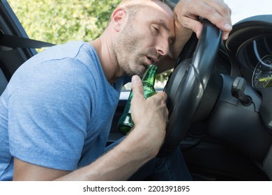 Drunk Man Driving Car And Falling Asleep At The Wheel