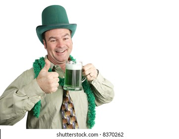 Drunk man with green beer on St. Patrick's Day.  White background with copyspace.