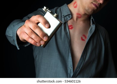 Drunk Man With Many Lipstick Stamps