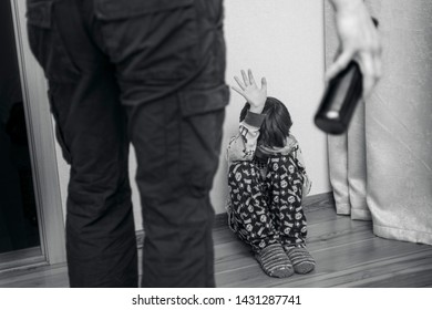 Drunk Parent And Little Scared Son. Violence Against Children Concept. Aggression In The Family. Alcohol Abuse. Domestic Violence.