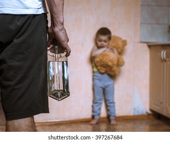 Drunk Parent And Little Scared Son With Toy Bear. Aggression In The Family. Alcohol Abuse.