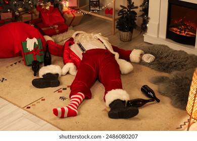 Drunk Santa Claus sleeping on carpet after party - Powered by Shutterstock