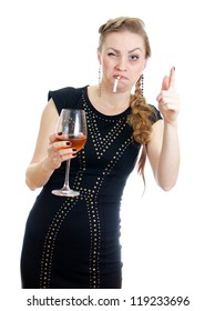 Drunk woman with cigarette and wine. Isolated on white.