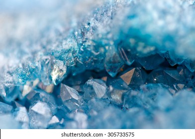 Druse blue crystals Agate SiO2 silicon dioxide. Macro