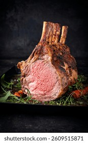 dry aged bone-in back rack of veal  loin roasted with herbs and spices served on a black board