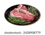 Dry aged Raw porterhouse beef meat Steak, fresh T bone on rustic plate with spices. Isolated on white background