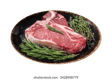 Dry aged Raw porterhouse beef meat Steak, fresh T bone on rustic plate with spices. Isolated on white background - Powered by Shutterstock