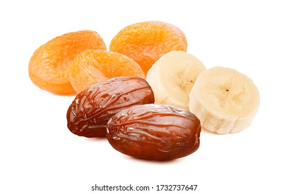 Dry apricot, dates and banana slices isolated on white background. Package design element with clipping path