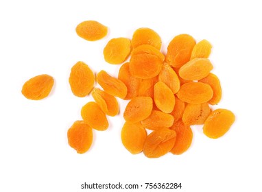 Dry apricots, pile isolated on white background, top view