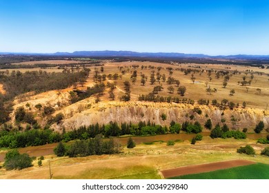 Dry Arid Australian Outback And Gum-tree Woods In Hunter Valley Region Along Hunter River - Aerial Landscape.