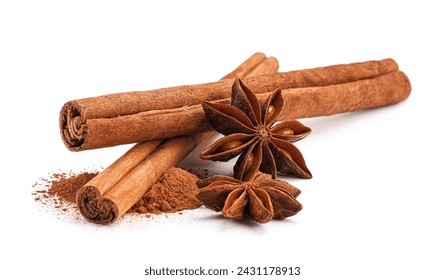 Dry aromatic cinnamon sticks, powder and anise stars isolated on white - Powered by Shutterstock