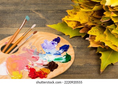 Dry Autumn Leaves And Drawing Paint Palette