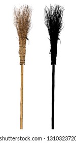 Dry Bamboo Branch Wood Witch Broom With Black Alpha Mask Isolated On White Background.