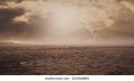 Dry barren land with cloudy polluted sky, climate change and desertification concept