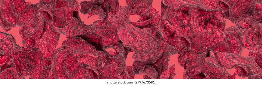 Dry beetroot chips pattern, dried sliced red beet flakes textured background, beet root pieces and chips, dehydrated deep fried vegetable root heap on white background