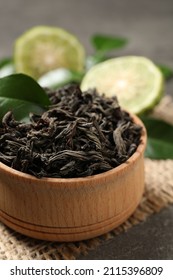 Dry Bergamot Tea Leaves On Grey Table, Closeup