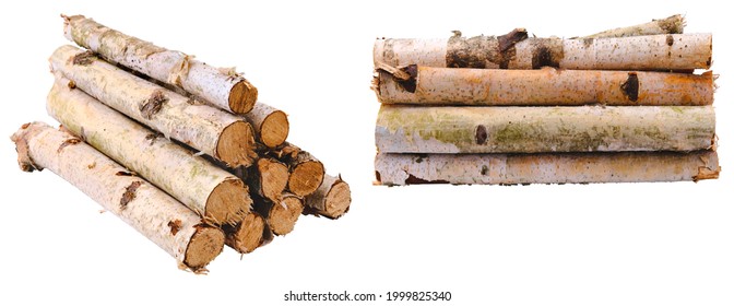 Dry birch branches for firewood are stacked in a pile from different angles, isolated on a clean white background without shadows.