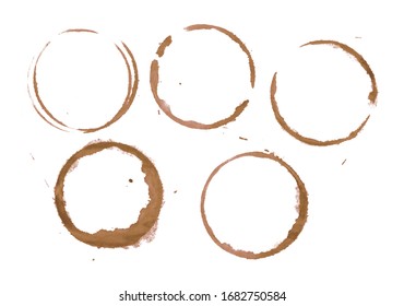 Dry Brown Coffee Cup Or Mug Ring Stains And Blob Drops Isolated On White Background