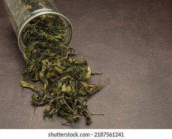 Dry cannabis leaf tea outside of a jar on vintage background. Textured marijuana leaves. Concept of beverage with cannabis herb