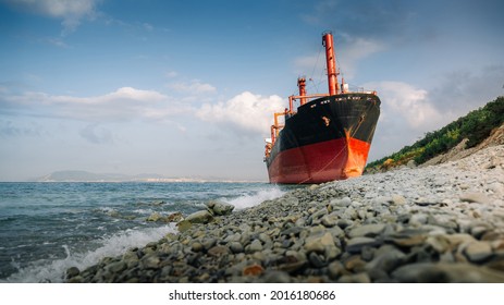 Dry cargo ship "RIO" stranded in the Black Sea not far from the village of Kabardinka, Russia - Shutterstock ID 2016180686
