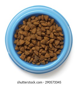 Dry Cat Food In Blue Bowl Isolated On White From Above.