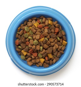 Dry Cat Food In Blue Bowl Isolated On White From Above.