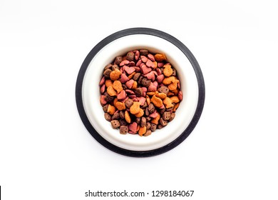 Dry Cat Food In Bowl On White Backgorund Top View Copy Space