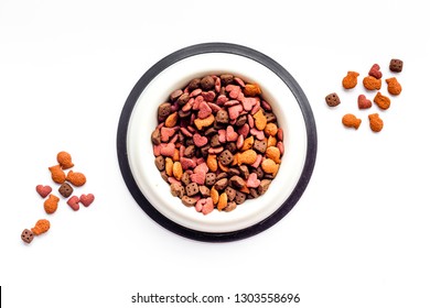 Dry Cat Food In Bowl On White Backgorund Top View Copy Space