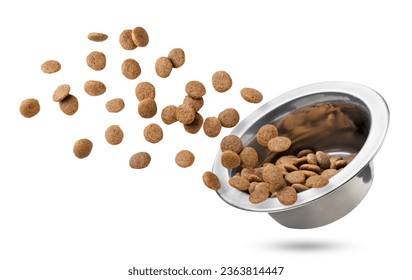 Dry cat food flies out of a bowl close-up on a white background. Isolated
