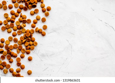 Dry Cat Food On White Stone Backgorund Top View Copy Space Pattern