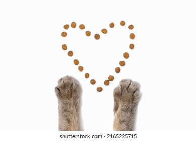 Dry cat food and cat paws on a white background. Dry food is laid out in the form of a heart on a white isolated background, and gray fluffy paws of a cat are reaching for it. Cat healthy food concept - Shutterstock ID 2165225715