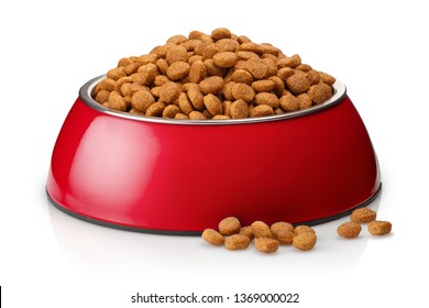 Dry Cat Food In A Red Bowl, Isolated On White Background