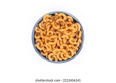 Dry Chickpea Pasta Uncooked In Round Blue Pottery Bowl In Top Down Or Flat Lay Shot Isolated On White