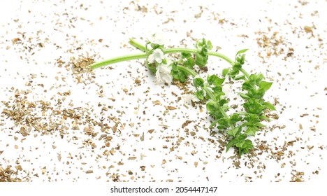 Dry Chopped Basil And Fresh Basil Flower With Green Leaves Isolated On White Background